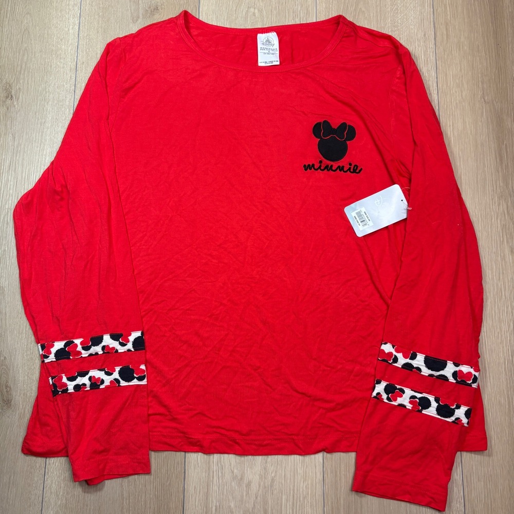 Disney Parks Minnie Mouse Red Long Sleeve Shirt Womens XL NWT Stripe Sleep Top